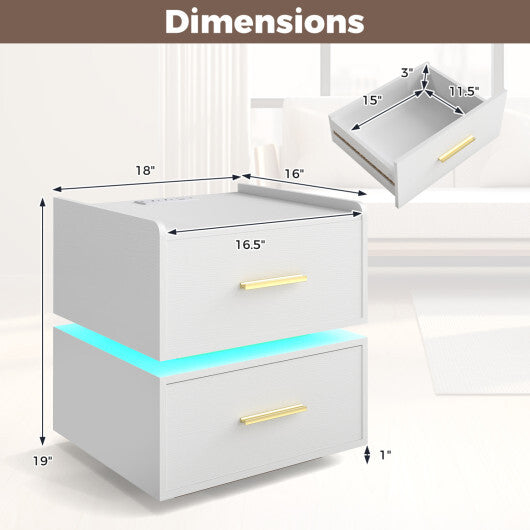 Nightstand with Charging Station LED Bedside Table with 2 Storage Drawers-White LuxuryLifeWay Online Store