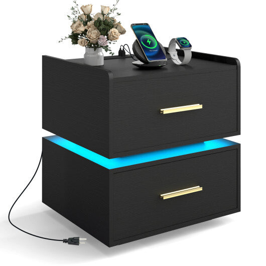 Nightstand with Charging Station LED Bedside Table with 2 Storage Drawers-White LuxuryLifeWay Online Store