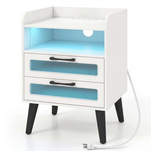 Mid Century Modern Nightstand with Charging Station and LED Lights-White LuxuryLifeWay Online Store