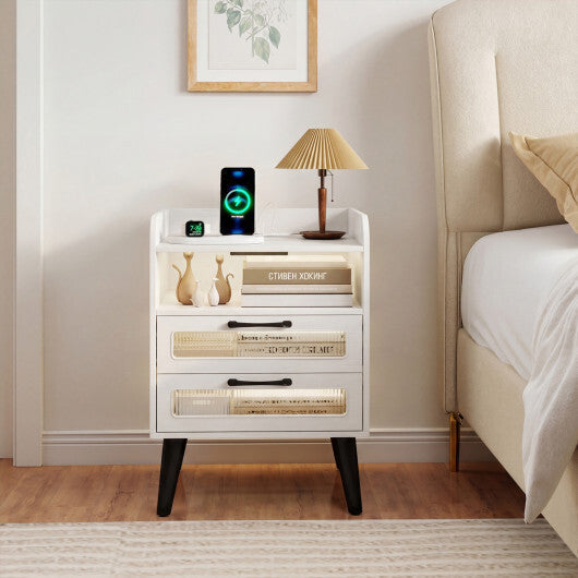 Mid Century Modern Nightstand with Charging Station and LED Lights-White LuxuryLifeWay Online Store