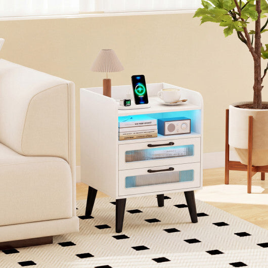 Mid Century Modern Nightstand with Charging Station and LED Lights-White LuxuryLifeWay Online Store