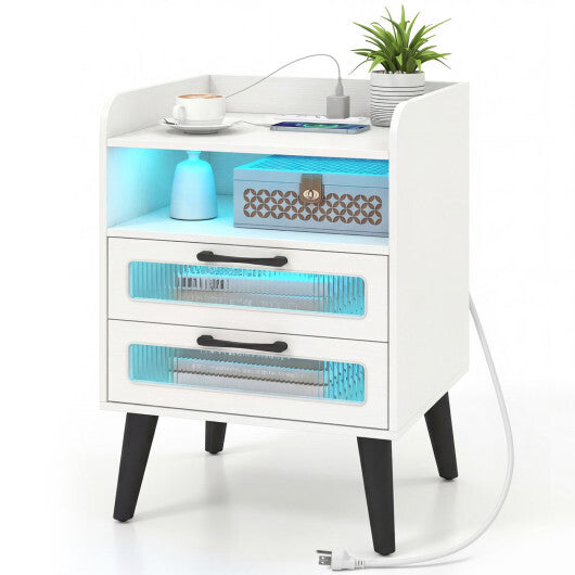 Mid Century Modern Nightstand with Charging Station and LED Lights-White LuxuryLifeWay Online Store