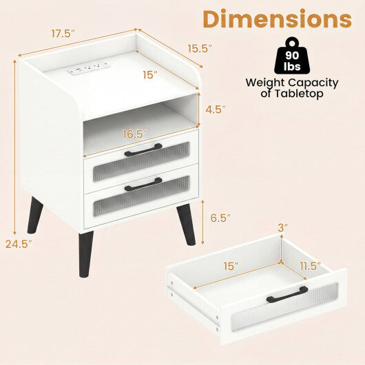 Mid Century Modern Nightstand with Charging Station and LED Lights-White LuxuryLifeWay Online Store