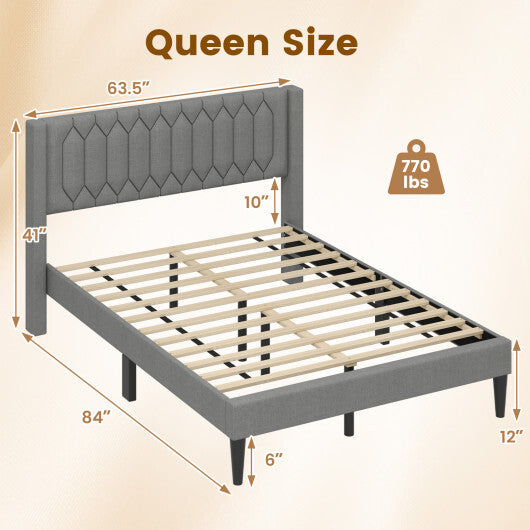 Queen Size Dutch Velvet/Linen Fabric Upholstered Platform Bed with Wingback Headboard and Wooden Slat Support-Gray? LuxuryLifeWay Online Store