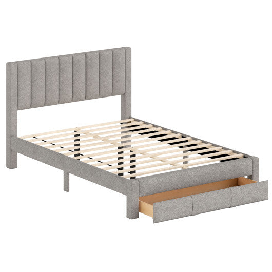 Queen Size Bed Frame with Storage Drawer and Vertical Channel Headboard-Gray LuxuryLifeWay Online Store