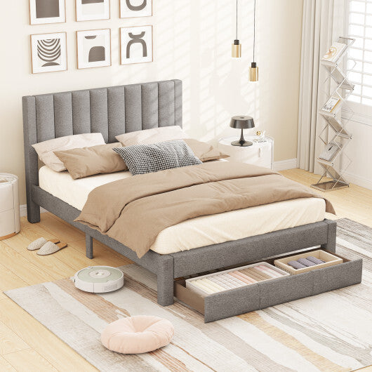 Queen Size Bed Frame with Storage Drawer and Vertical Channel Headboard-Gray LuxuryLifeWay Online Store