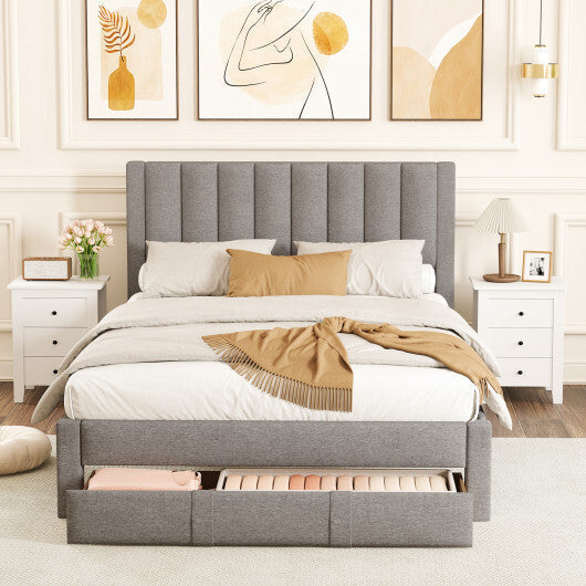 Queen Size Bed Frame with Storage Drawer and Vertical Channel Headboard-Gray LuxuryLifeWay Online Store