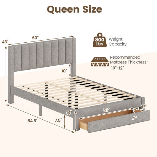 Queen Size Bed Frame with Storage Drawer and Vertical Channel Headboard-Gray LuxuryLifeWay Online Store