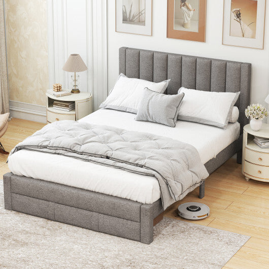 Queen Size Bed Frame with Storage Drawer and Vertical Channel Headboard-Gray LuxuryLifeWay Online Store