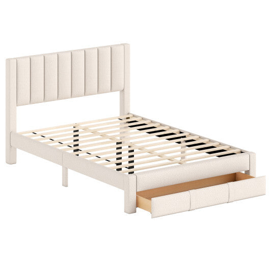Queen Size Bed Frame with Storage Drawer and Vertical Channel Headboard-Gray LuxuryLifeWay Online Store