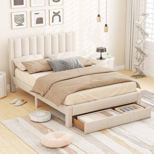Queen Size Bed Frame with Storage Drawer and Vertical Channel Headboard-Gray LuxuryLifeWay Online Store