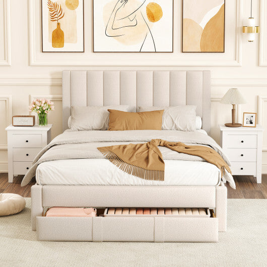 Queen Size Bed Frame with Storage Drawer and Vertical Channel Headboard-Gray LuxuryLifeWay Online Store