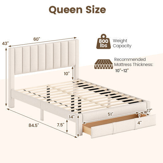 Queen Size Bed Frame with Storage Drawer and Vertical Channel Headboard-Gray LuxuryLifeWay Online Store