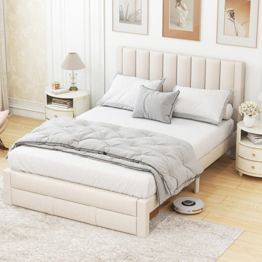 Queen Size Bed Frame with Storage Drawer and Vertical Channel Headboard-Gray LuxuryLifeWay Online Store