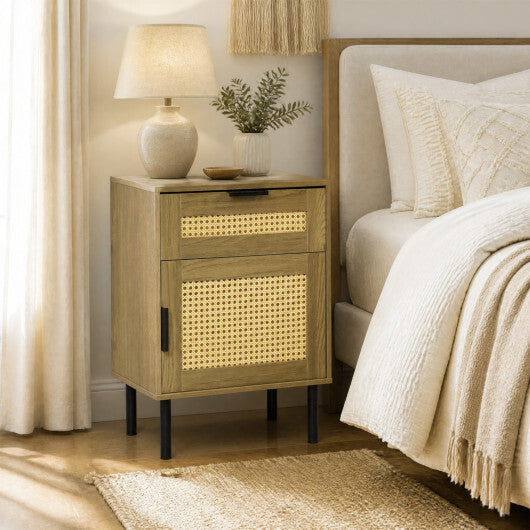 Rattan Nightstand with Drawer and Storage Cabinet for Bedroom Dorm-Natrual LuxuryLifeWay Online Store