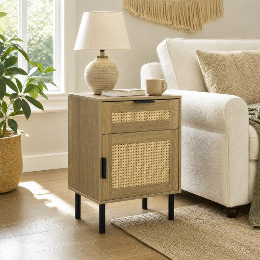 Rattan Nightstand with Drawer and Storage Cabinet for Bedroom Dorm-Natrual LuxuryLifeWay Online Store