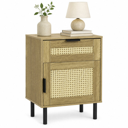 Rattan Nightstand with Drawer and Storage Cabinet for Bedroom Dorm-Natrual LuxuryLifeWay Online Store