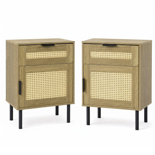 Set of 2 Rattan Nightstand with Drawer and Storage Cabinet for Bedroom Dorm-Natrual LuxuryLifeWay Online Store