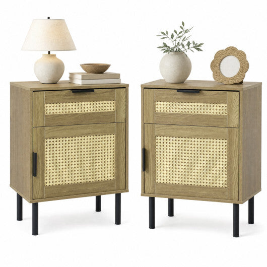 Set of 2 Rattan Nightstand with Drawer and Storage Cabinet for Bedroom Dorm-Natrual LuxuryLifeWay Online Store