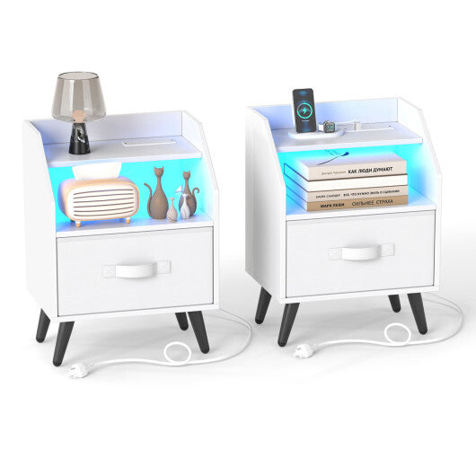 Set Of 2 Nightstands with LED Lights and Power Outlets for Living Room-White LuxuryLifeWay Online Store