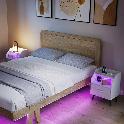 Set Of 2 Nightstands with LED Lights and Power Outlets for Living Room-White LuxuryLifeWay Online Store