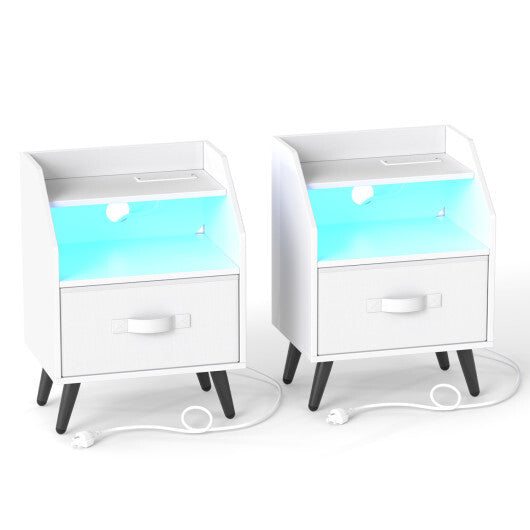 Set Of 2 Nightstands with LED Lights and Power Outlets for Living Room-White LuxuryLifeWay Online Store