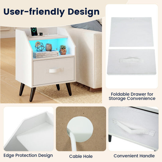 Set Of 2 Nightstands with LED Lights and Power Outlets for Living Room-White LuxuryLifeWay Online Store