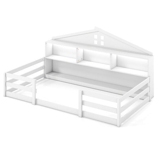 Twin Size Montessori Floor Bed with Storage Compartments and Shelf-White LuxuryLifeWay Online Store