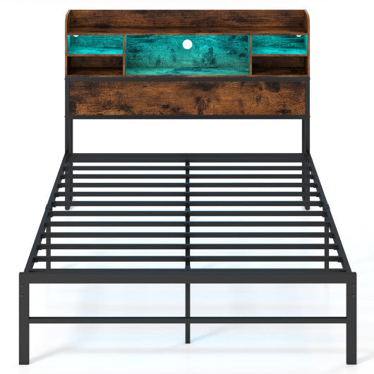 Full Size Bed Frame with Headboard LED Lights and Charging Station-Rustic Brown LuxuryLifeWay Online Store