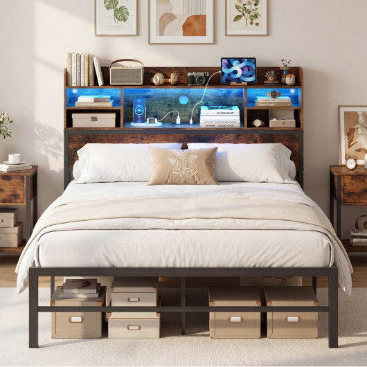 Full Size Bed Frame with Headboard LED Lights and Charging Station-Rustic Brown LuxuryLifeWay Online Store
