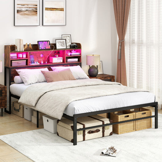 Full Size Bed Frame with Headboard LED Lights and Charging Station-Rustic Brown LuxuryLifeWay Online Store