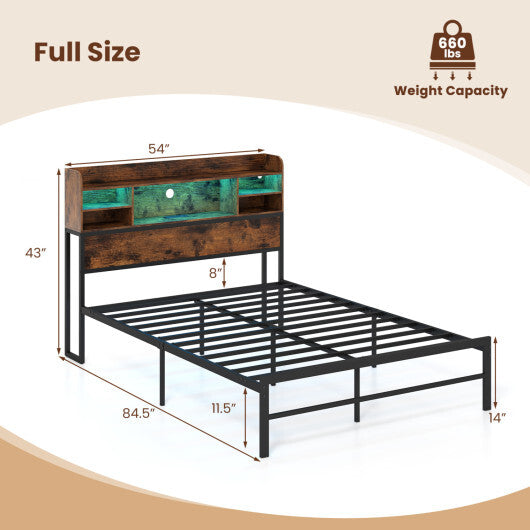 Full Size Bed Frame with Headboard LED Lights and Charging Station-Rustic Brown LuxuryLifeWay Online Store