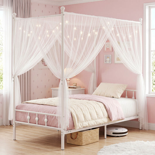 Twin Size Metal Canopy Bed Frame with Headboard and Footboard-White LuxuryLifeWay Online Store