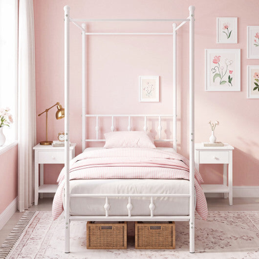 Twin Size Metal Canopy Bed Frame with Headboard and Footboard-White LuxuryLifeWay Online Store