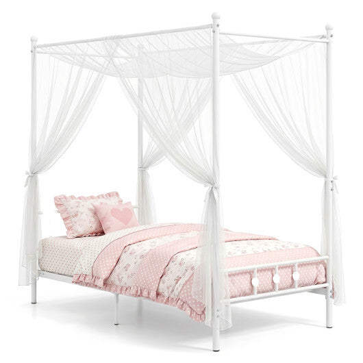 Twin Size Metal Canopy Bed Frame with Headboard and Footboard-White LuxuryLifeWay Online Store