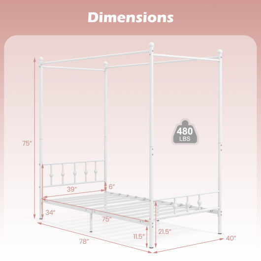 Twin Size Metal Canopy Bed Frame with Headboard and Footboard-White LuxuryLifeWay Online Store