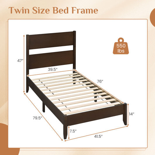Twin Bed Frame with Headboard with Solid Wood Legs 12 Slats-Warm Brown LuxuryLifeWay Online Store