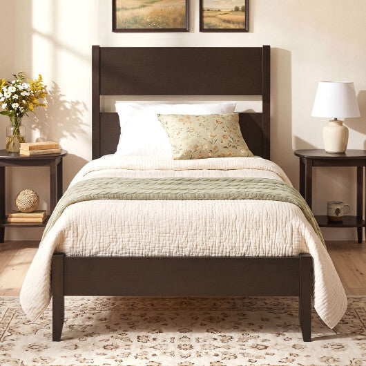 Twin Bed Frame with Headboard with Solid Wood Legs 12 Slats-Warm Brown LuxuryLifeWay Online Store