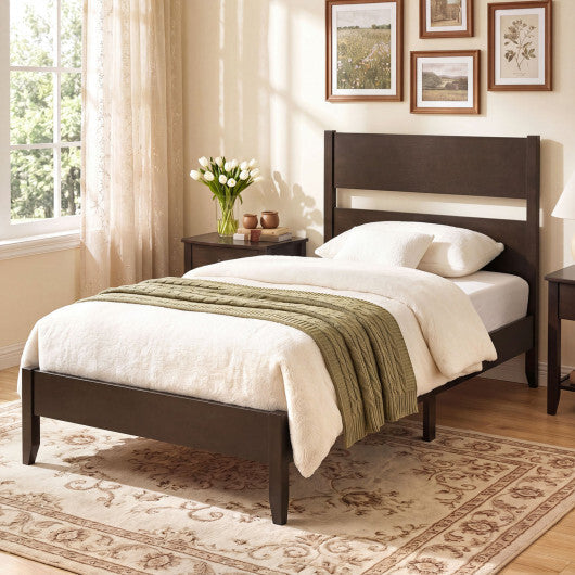 Twin Bed Frame with Headboard with Solid Wood Legs 12 Slats-Warm Brown LuxuryLifeWay Online Store