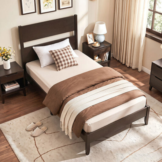 Twin Bed Frame with Headboard with Solid Wood Legs 12 Slats-Warm Brown LuxuryLifeWay Online Store