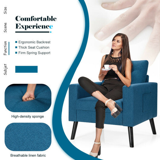 Mid-Century Upholstered Armchair Club Chair with Rubber Wood Legs-Blue - Color: Blue LuxuryLifeWay Online Store