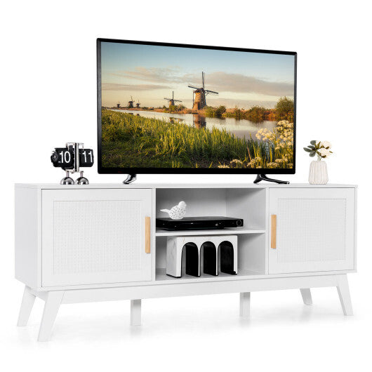 TV Stand Entertainment Media Console with 2 Rattan Cabinets and Open Shelves-White LuxuryLifeWay Online Store
