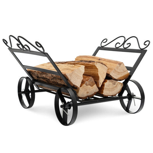 Firewood Rack Decorative Rustproof Steel Fireplace Log Holder with Wheels - Color: Black LuxuryLifeWay Online Store
