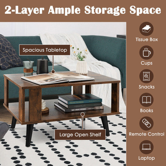 Compact Retro Mid-Century Coffee Table with Storage Open Shelf-Rustic Brown LuxuryLifeWay Online Store