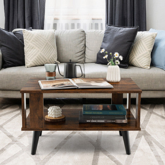 Compact Retro Mid-Century Coffee Table with Storage Open Shelf-Rustic Brown LuxuryLifeWay Online Store