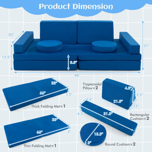 10-Piece Kids Play Couch Sofa with Portable Handle-Gray LuxuryLifeWay Online Store