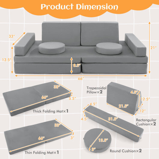 10-Piece Kids Play Couch Sofa with Portable Handle-Gray LuxuryLifeWay Online Store