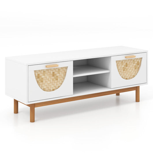 Mid Century Modern TV Stand Entertainment Center for 55-Inch TV with 2 Drawers and Bamboo Woven Fronts-White LuxuryLifeWay Online Store