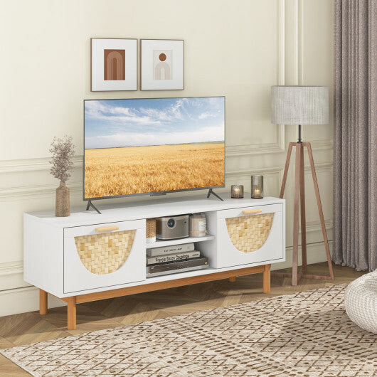 Mid Century Modern TV Stand Entertainment Center for 55-Inch TV with 2 Drawers and Bamboo Woven Fronts-White LuxuryLifeWay Online Store