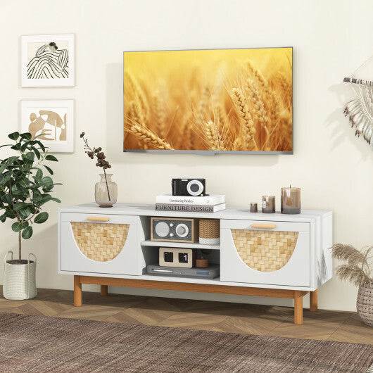 Mid Century Modern TV Stand Entertainment Center for 55-Inch TV with 2 Drawers and Bamboo Woven Fronts-White LuxuryLifeWay Online Store
